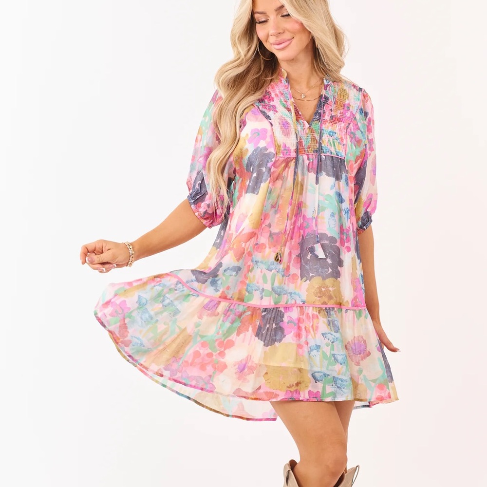 Umgee Blush Watercolor Floral Smocked Yoke Mini Dress